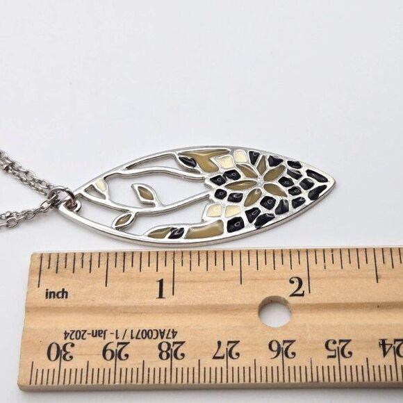 Silvertone Double Chain with Openwork Floral Pendant Resin Mosaic Style Inlay - Picture 5 of 5